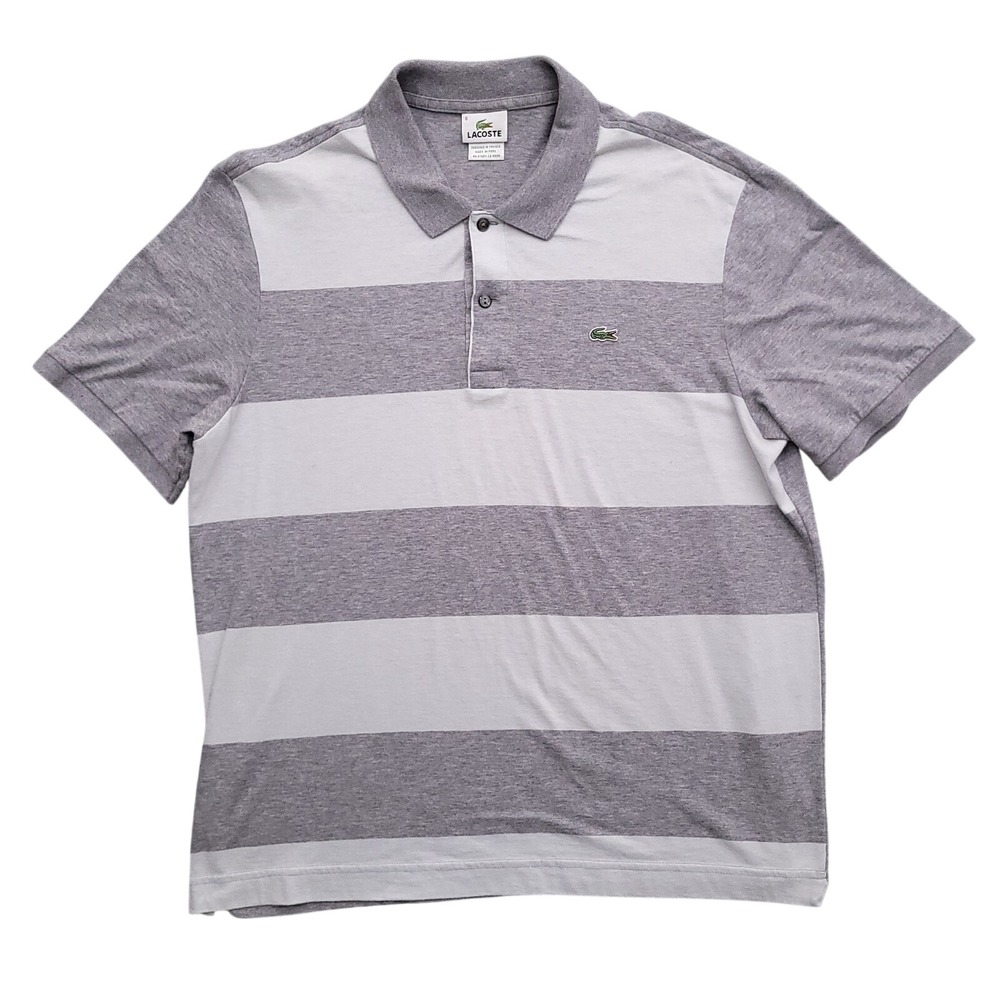 Lacoste Polo Shirt Mens XL 6 Gray Striped Pique Knit Cotton Gator Croc Logo - Picture 2 of 8